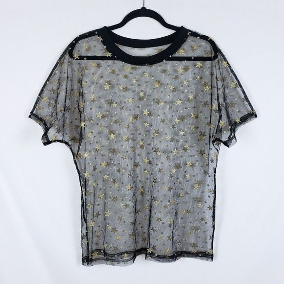 Unbranded Tops - Celestial Grunge Sheer Mesh Top Womens XL? Glitter Stars Oversized Black Goth